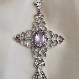 Rose de France Amethyst Orrisa Rhodolite Garnet Pendant w Stanless Steel Chain